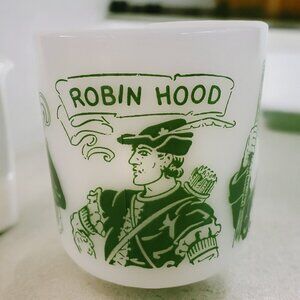 Hazel Atlas White Milk Glass Mug Cup MCM Robin Hood Little John Friar Tuck 6 oz
